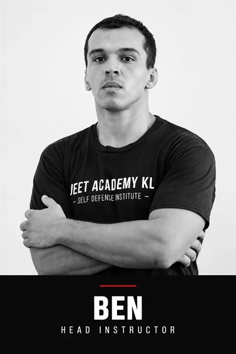 Black-and-white portrait of Ben Abbes Jihad, founder and head instructor of JEET Academy KL, arms crossed
