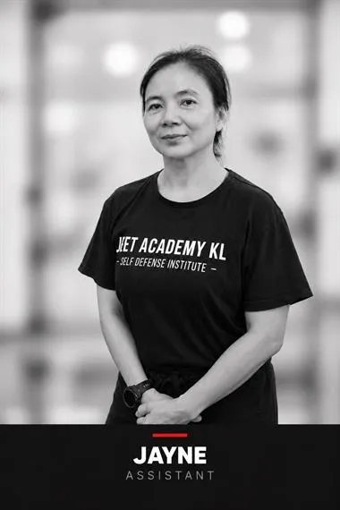 Black-and-white portrait of Jayne Koe, assistant instructor at JEET Academy KL